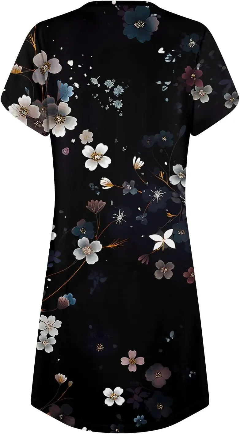 Women's Summer Dress Casual V Neck Short Sleeve Flowy Beach Loose Floral Tshirt Mini Dresses Casual, S-3XL