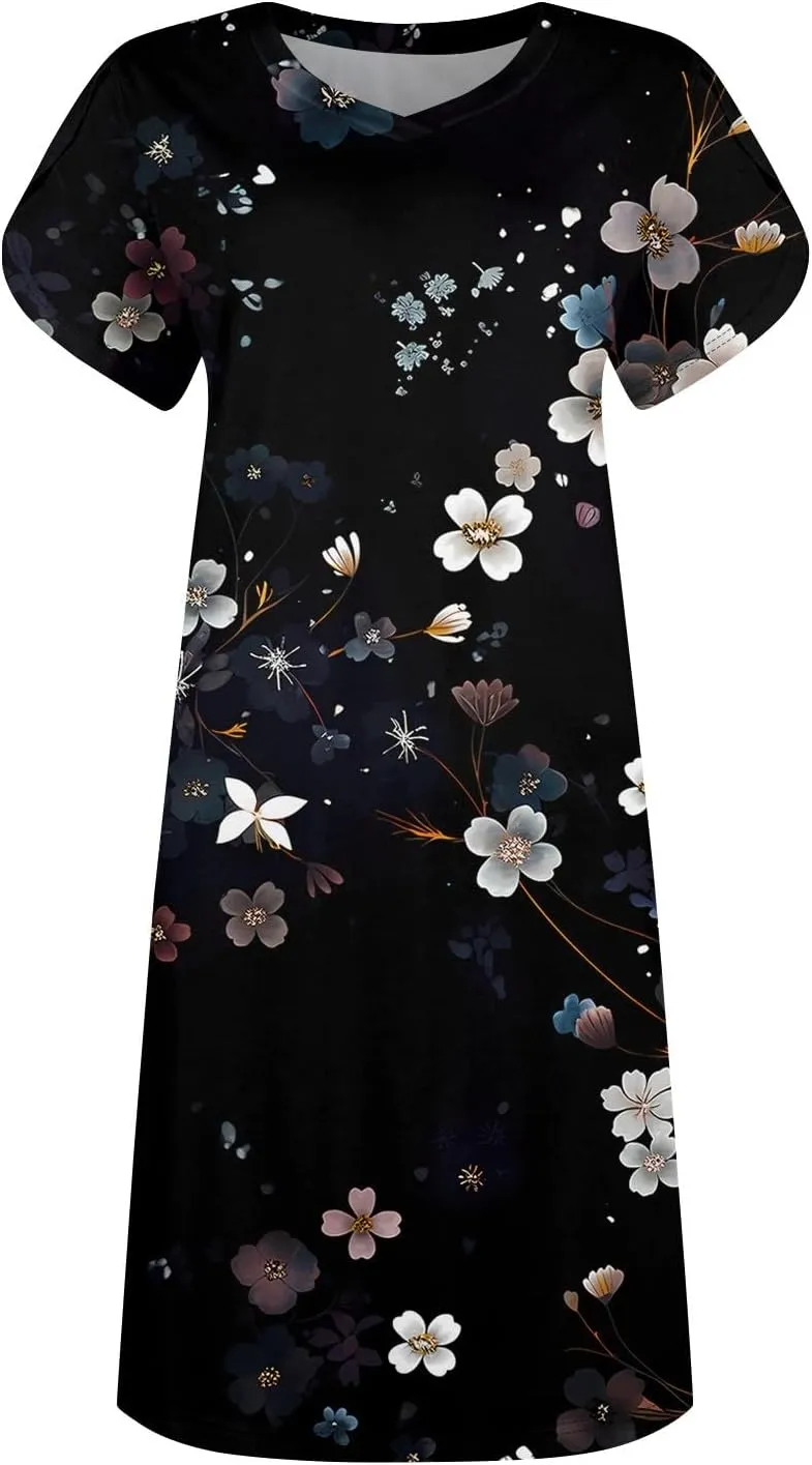 Women's Summer Dress Casual V Neck Short Sleeve Flowy Beach Loose Floral Tshirt Mini Dresses Casual, S-3XL