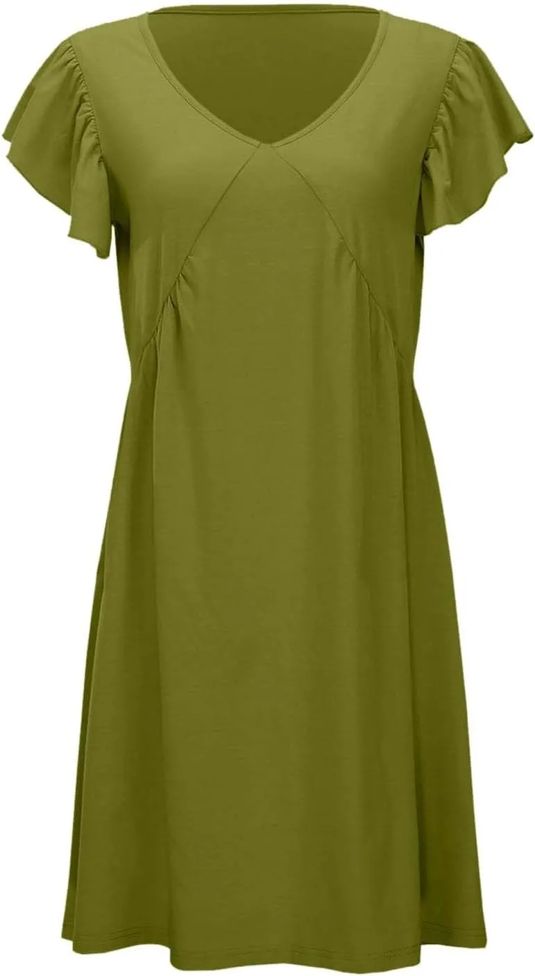 Women's Summer Dresses 2025 Beach Casual Deep V Neck Loose Sundress Ruffle Sleeve Mini Fashion Dress