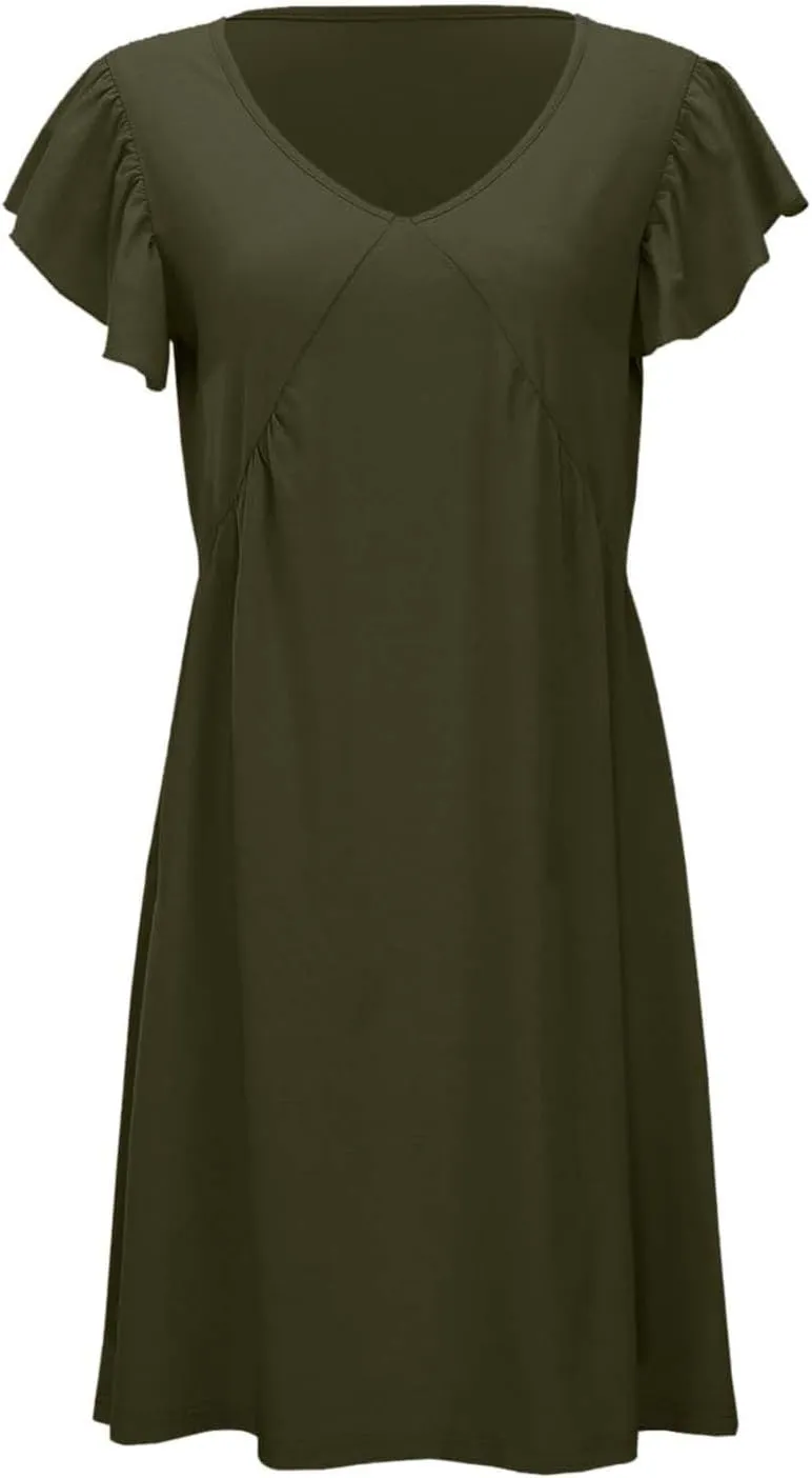 Women's Summer Dresses 2025 Beach Casual Deep V Neck Loose Sundress Ruffle Sleeve Mini Fashion Dress