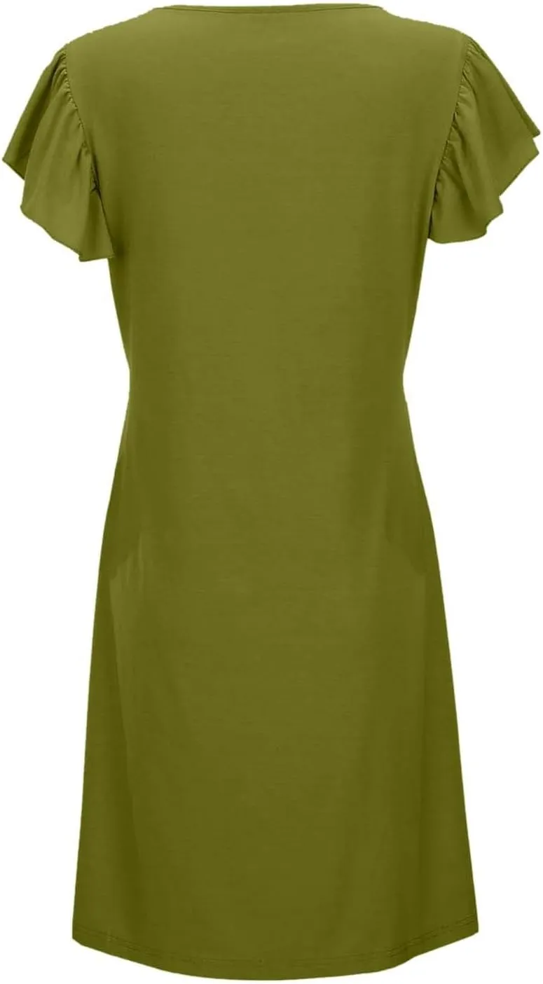 Women's Summer Dresses 2025 Beach Casual Deep V Neck Loose Sundress Ruffle Sleeve Mini Fashion Dress