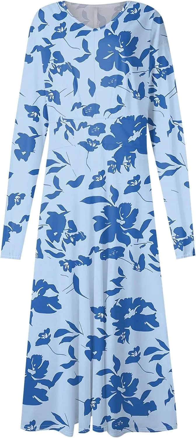 Women's Summer Dresses 2025 Casual Loose Trendy V-Neck Long Sleeve Floral Print Boho Dress Plus Size, S-2XL
