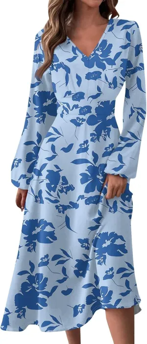 Women's Summer Dresses 2025 Casual Loose Trendy V-Neck Long Sleeve Floral Print Boho Dress Plus Size, S-2XL