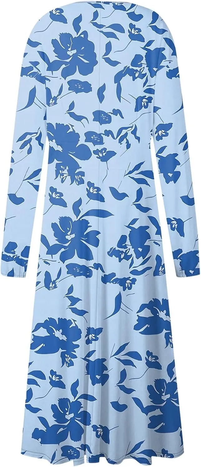 Women's Summer Dresses 2025 Casual Loose Trendy V-Neck Long Sleeve Floral Print Boho Dress Plus Size, S-2XL