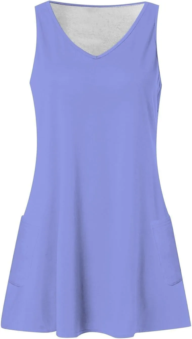 Womens Summer Dresses 2025 Loose V Neck Sleeveless Sundresses Swimsuit Coverup with Pockets Floral/Plain/Eyelet