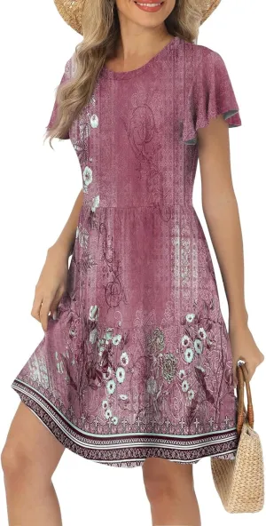 Women's Summer Dresses 2025 Puff Short Sleeve Dress Vintage Floral Boho Flowy Midi Beach Party Short Sundress, S-2XL