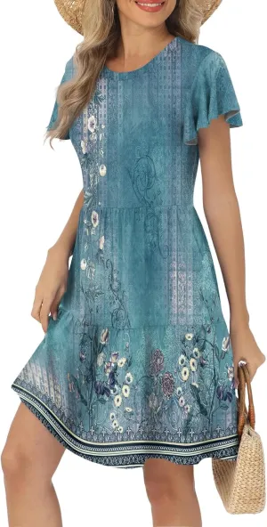 Women's Summer Dresses 2025 Puff Short Sleeve Dress Vintage Floral Boho Flowy Midi Beach Party Short Sundress, S-2XL