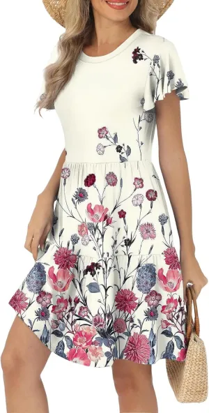 Women's Summer Dresses 2025 Puff Short Sleeve Dress Vintage Floral Boho Flowy Midi Beach Party Short Sundress, S-2XL