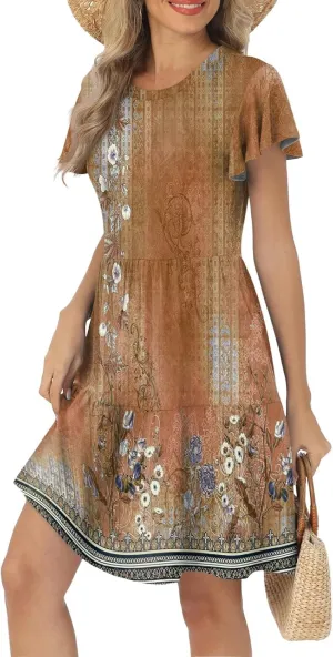 Women's Summer Dresses 2025 Puff Short Sleeve Dress Vintage Floral Boho Flowy Midi Beach Party Short Sundress, S-2XL
