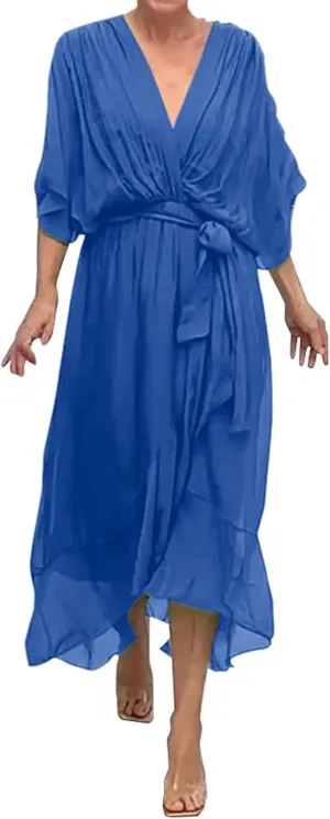 Women's Summer Dresses Casual Long Lantern Sleeve V Neck Ruffle High Waist Tie Waist Plus Size Dress for Women Casual
