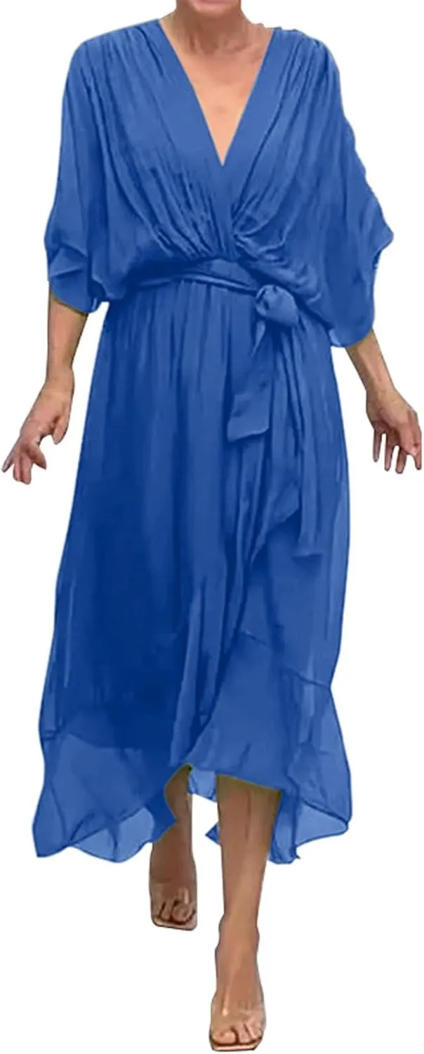 Women's Summer Dresses Casual Long Lantern Sleeve V Neck Ruffle High Waist Tie Waist Plus Size Dress for Women Casual