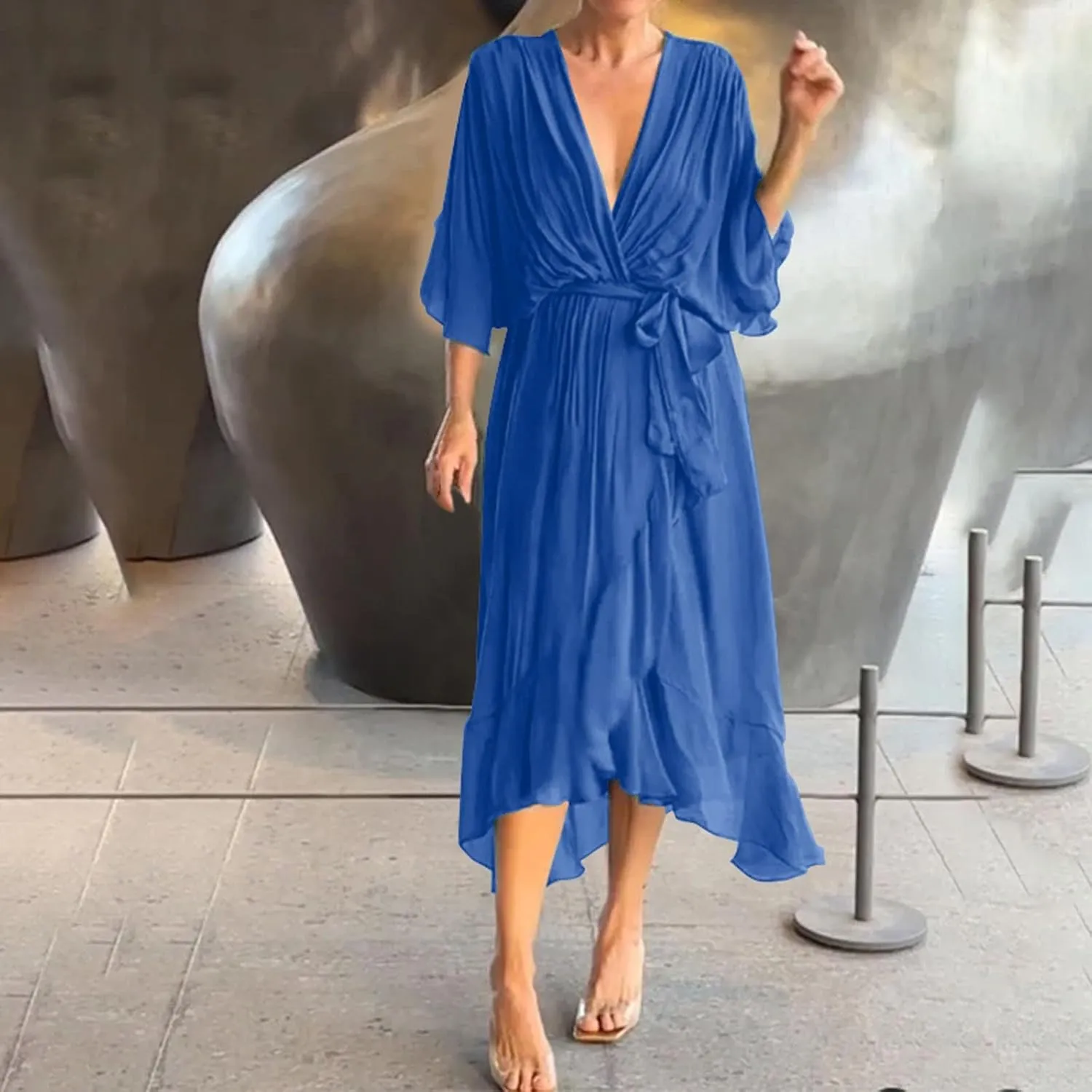 Women's Summer Dresses Casual Long Lantern Sleeve V Neck Ruffle High Waist Tie Waist Plus Size Dress for Women Casual