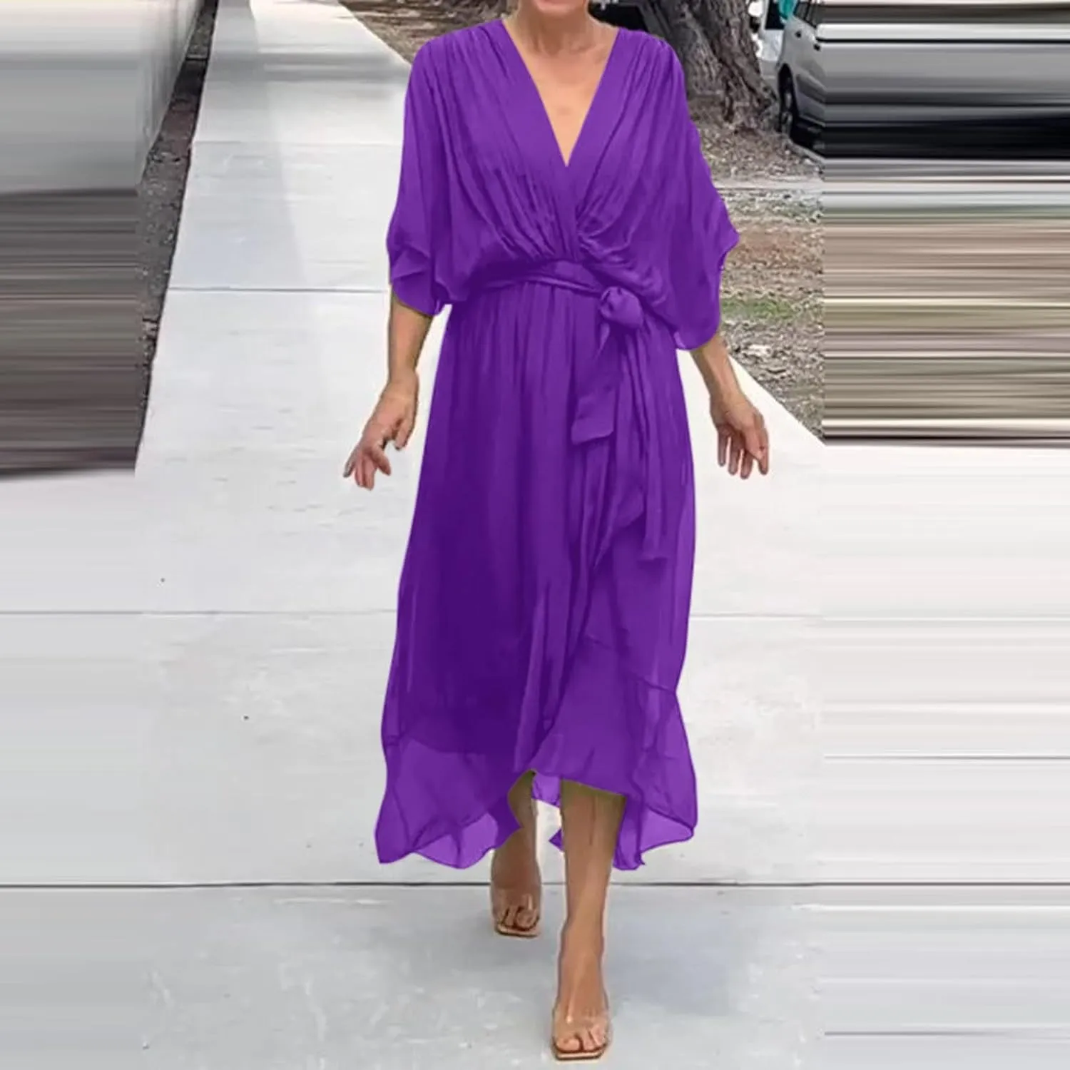 Women's Summer Dresses Casual Long Lantern Sleeve V Neck Ruffle High Waist Tie Waist Plus Size Dress for Women Casual
