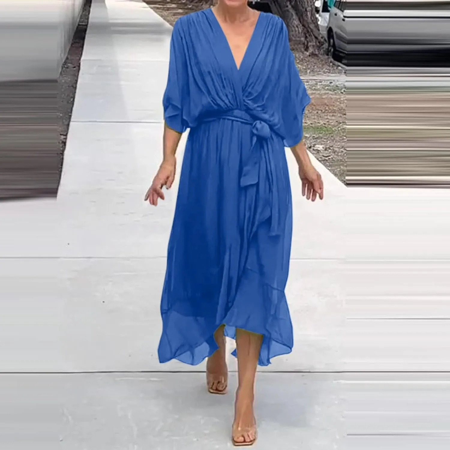 Women's Summer Dresses Casual Long Lantern Sleeve V Neck Ruffle High Waist Tie Waist Plus Size Dress for Women Casual