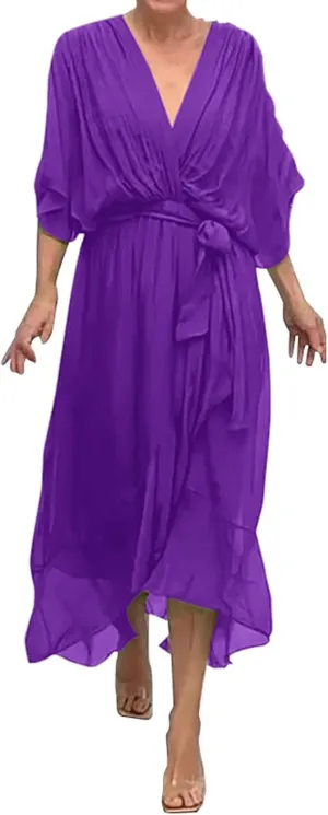 Women's Summer Dresses Casual Long Lantern Sleeve V Neck Ruffle High Waist Tie Waist Plus Size Dress for Women Casual
