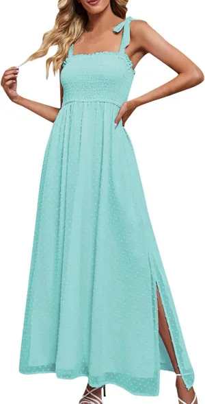 Womens Summer Dresses Floral Sleeveless Smocked Maxi Dress Boho Spaghetti Strap A Line Flowy Beach Long Sundress