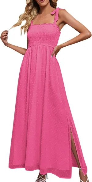 Womens Summer Dresses Floral Sleeveless Smocked Maxi Dress Boho Spaghetti Strap A Line Flowy Beach Long Sundress