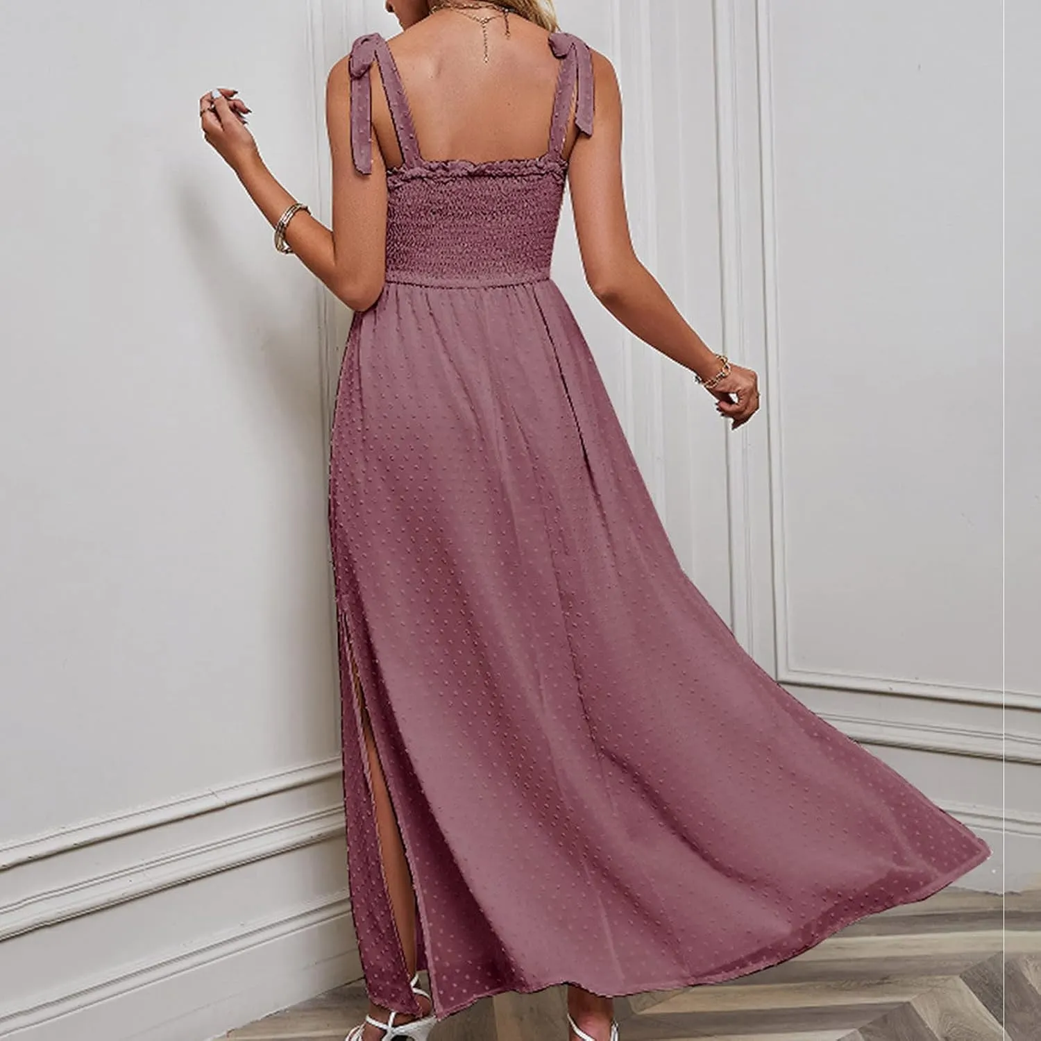 Womens Summer Dresses Floral Sleeveless Smocked Maxi Dress Boho Spaghetti Strap A Line Flowy Beach Long Sundress