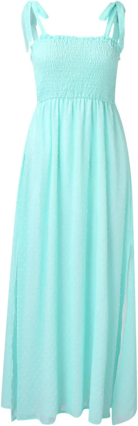 Womens Summer Dresses Floral Sleeveless Smocked Maxi Dress Boho Spaghetti Strap A Line Flowy Beach Long Sundress