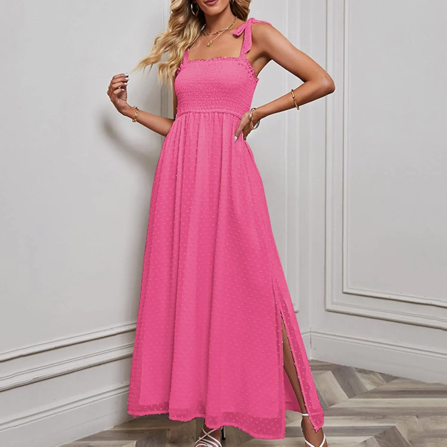 Womens Summer Dresses Floral Sleeveless Smocked Maxi Dress Boho Spaghetti Strap A Line Flowy Beach Long Sundress