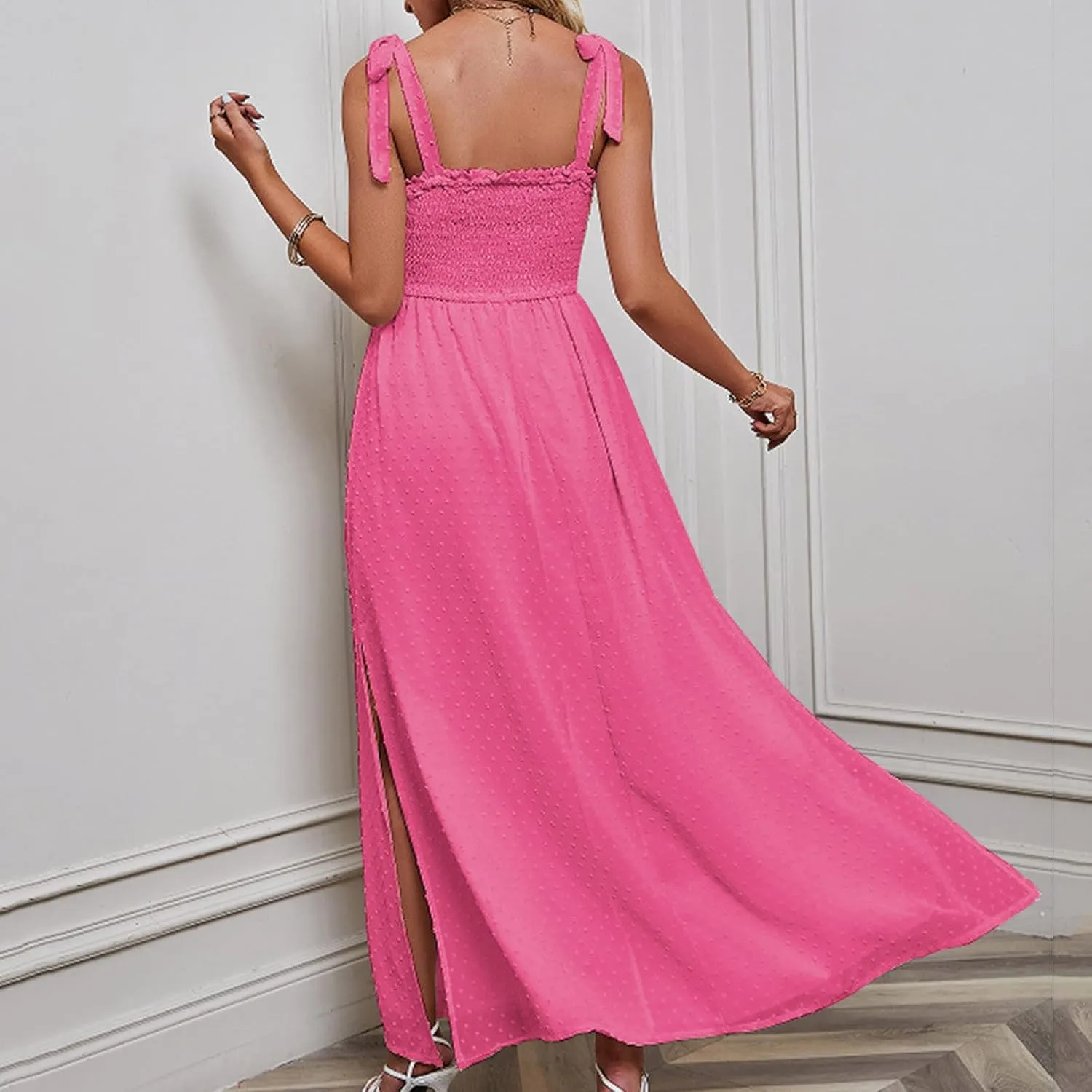 Womens Summer Dresses Floral Sleeveless Smocked Maxi Dress Boho Spaghetti Strap A Line Flowy Beach Long Sundress
