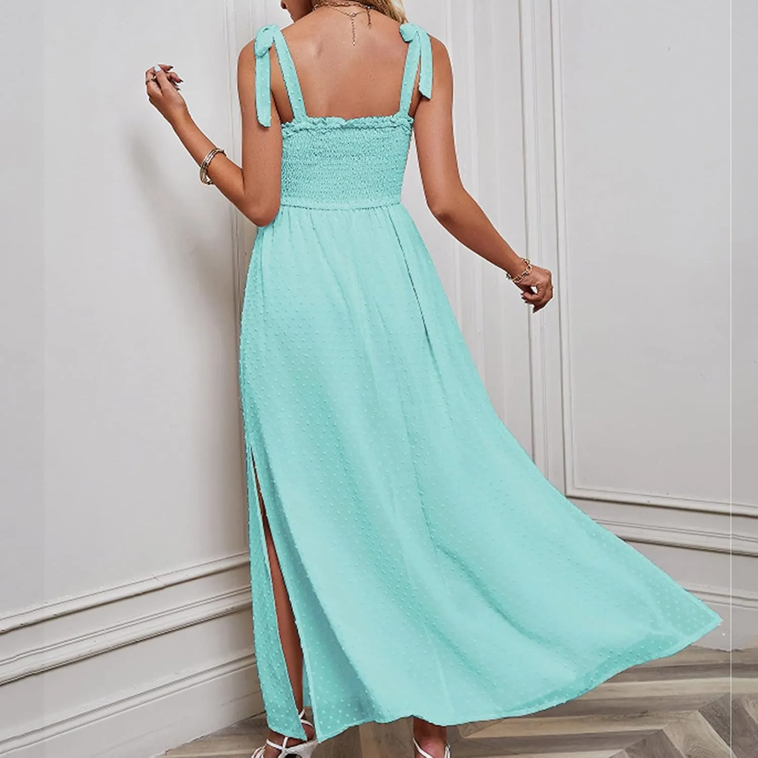 Womens Summer Dresses Floral Sleeveless Smocked Maxi Dress Boho Spaghetti Strap A Line Flowy Beach Long Sundress