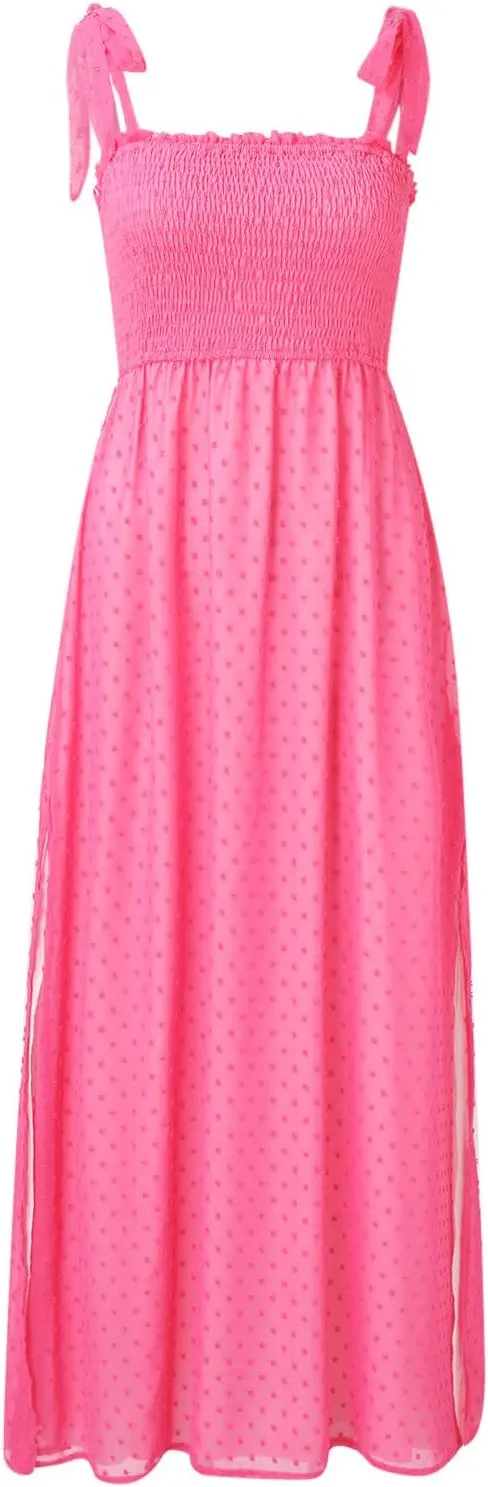 Womens Summer Dresses Floral Sleeveless Smocked Maxi Dress Boho Spaghetti Strap A Line Flowy Beach Long Sundress