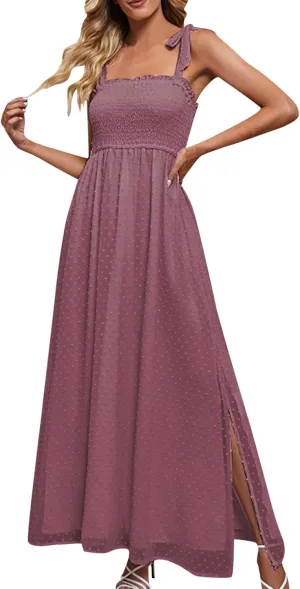 Womens Summer Dresses Floral Sleeveless Smocked Maxi Dress Boho Spaghetti Strap A Line Flowy Beach Long Sundress