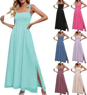 Womens Summer Dresses Floral Sleeveless Smocked Maxi Dress Boho Spaghetti Strap A Line Flowy Beach Long Sundress