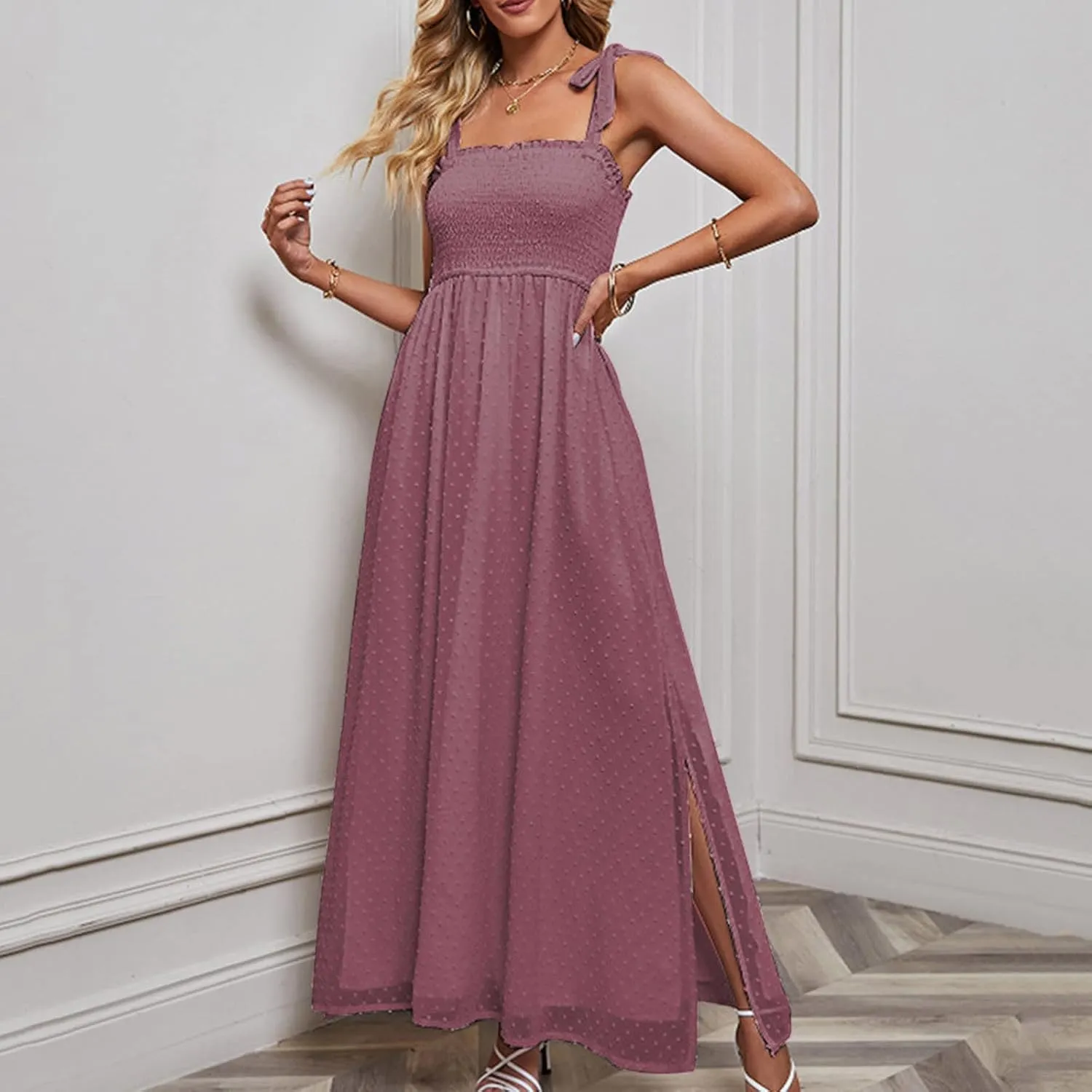 Womens Summer Dresses Floral Sleeveless Smocked Maxi Dress Boho Spaghetti Strap A Line Flowy Beach Long Sundress