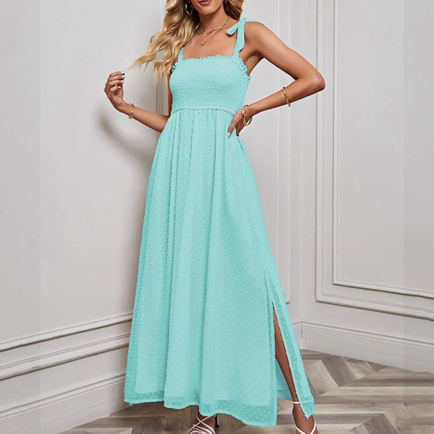 Womens Summer Dresses Floral Sleeveless Smocked Maxi Dress Boho Spaghetti Strap A Line Flowy Beach Long Sundress
