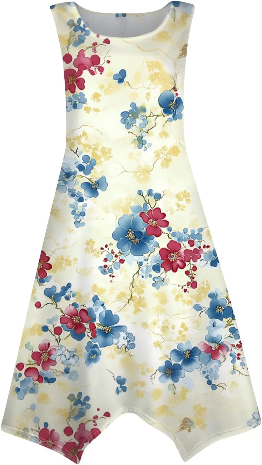 Womens Summer Dresses Sleeveless Round Neck Midi Dress Boho Floral Printed Irregular Hem Flowy Beach Sundress