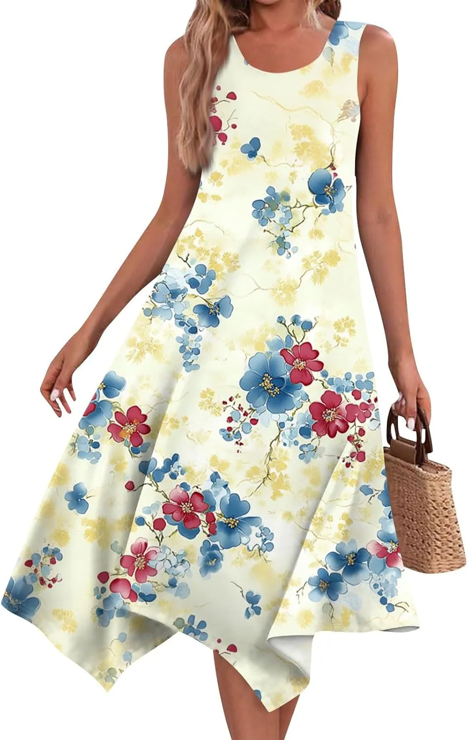 Womens Summer Dresses Sleeveless Round Neck Midi Dress Boho Floral Printed Irregular Hem Flowy Beach Sundress