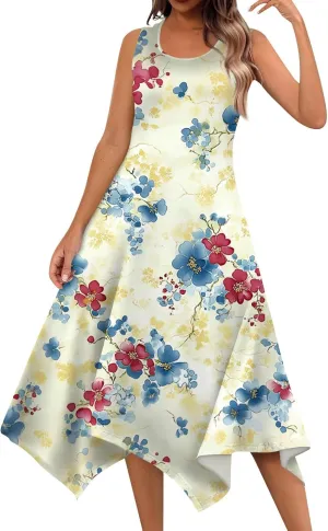 Womens Summer Dresses Sleeveless Round Neck Midi Dress Boho Floral Printed Irregular Hem Flowy Beach Sundress