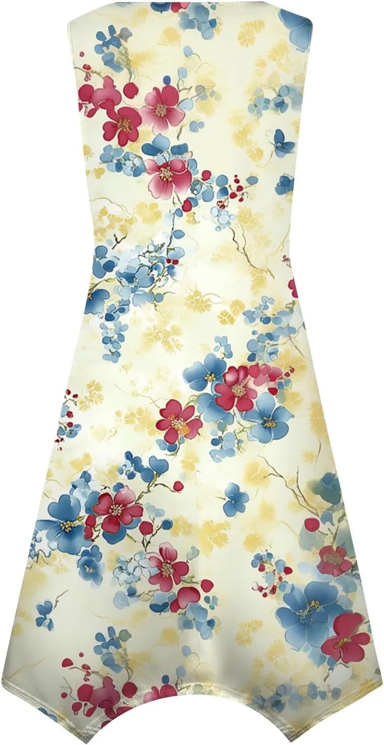 Womens Summer Dresses Sleeveless Round Neck Midi Dress Boho Floral Printed Irregular Hem Flowy Beach Sundress