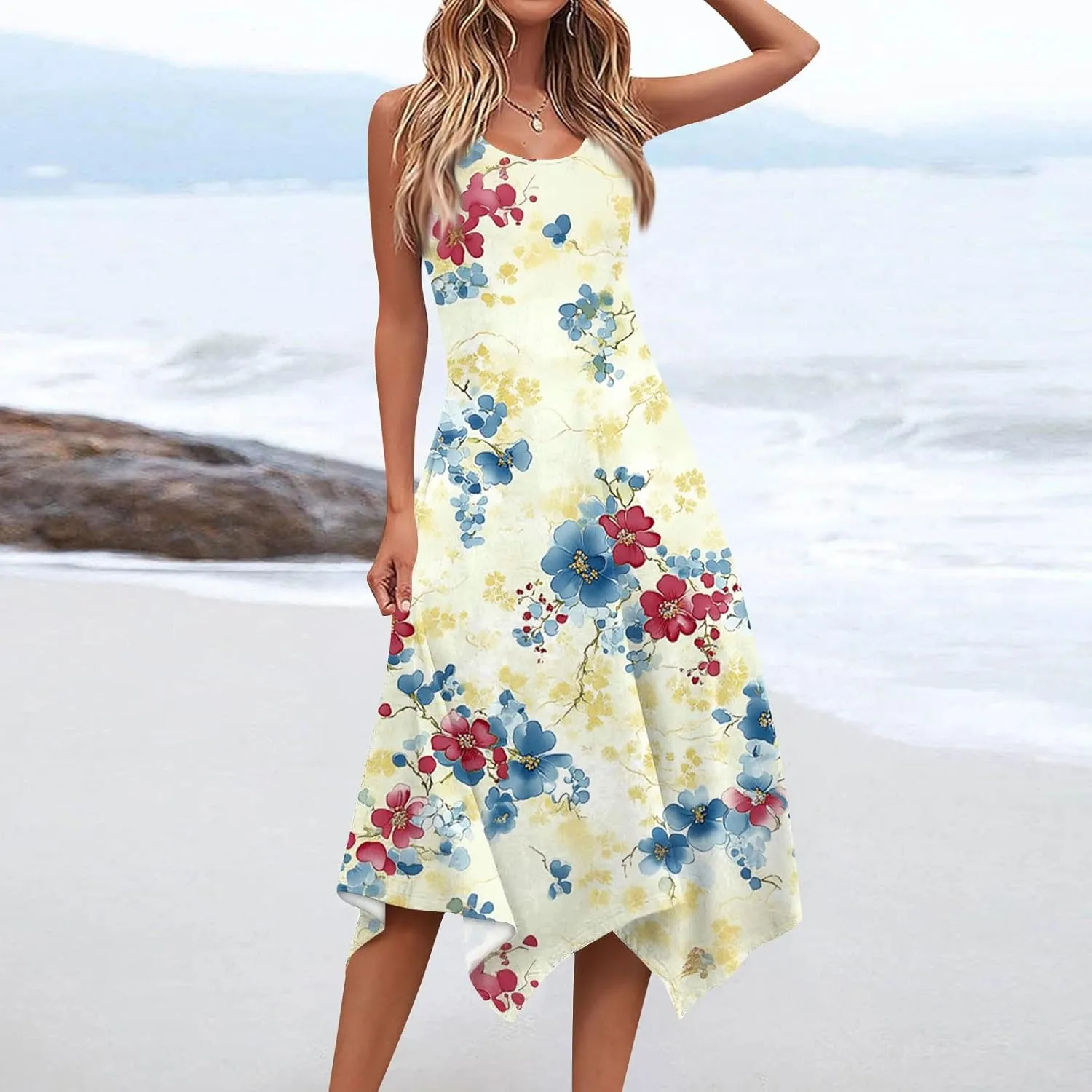 Womens Summer Dresses Sleeveless Round Neck Midi Dress Boho Floral Printed Irregular Hem Flowy Beach Sundress
