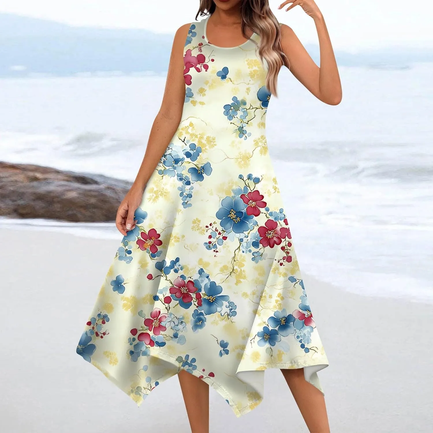 Womens Summer Dresses Sleeveless Round Neck Midi Dress Boho Floral Printed Irregular Hem Flowy Beach Sundress