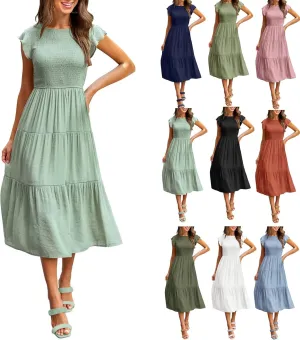 Women's Summer Floral Boho Dress Wrap V Neck Short Sleeve Ruffle A-Line Flowy Maxi Wedding Guest Dresses