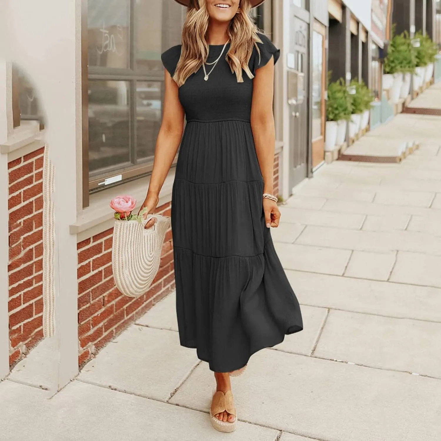 Women's Summer Floral Boho Dress Wrap V Neck Short Sleeve Ruffle A-Line Flowy Maxi Wedding Guest Dresses