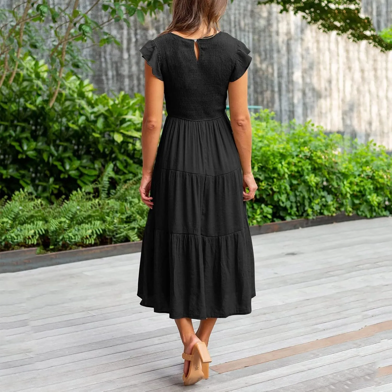 Women's Summer Floral Boho Dress Wrap V Neck Short Sleeve Ruffle A-Line Flowy Maxi Wedding Guest Dresses