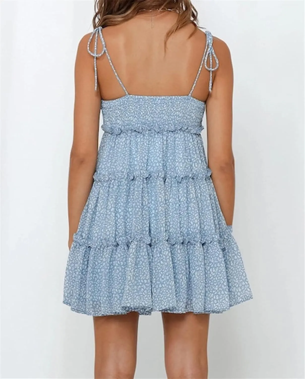 Women's Summer Floral Mini Dress Casual Boho Flowy Skater Dresses Short Sleeveless Ruffle Spaghetti Strap Dress 2024
