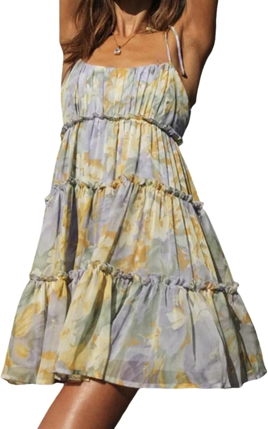 Women's Summer Floral Mini Dress Casual Boho Flowy Skater Dresses Short Sleeveless Ruffle Spaghetti Strap Dress 2024