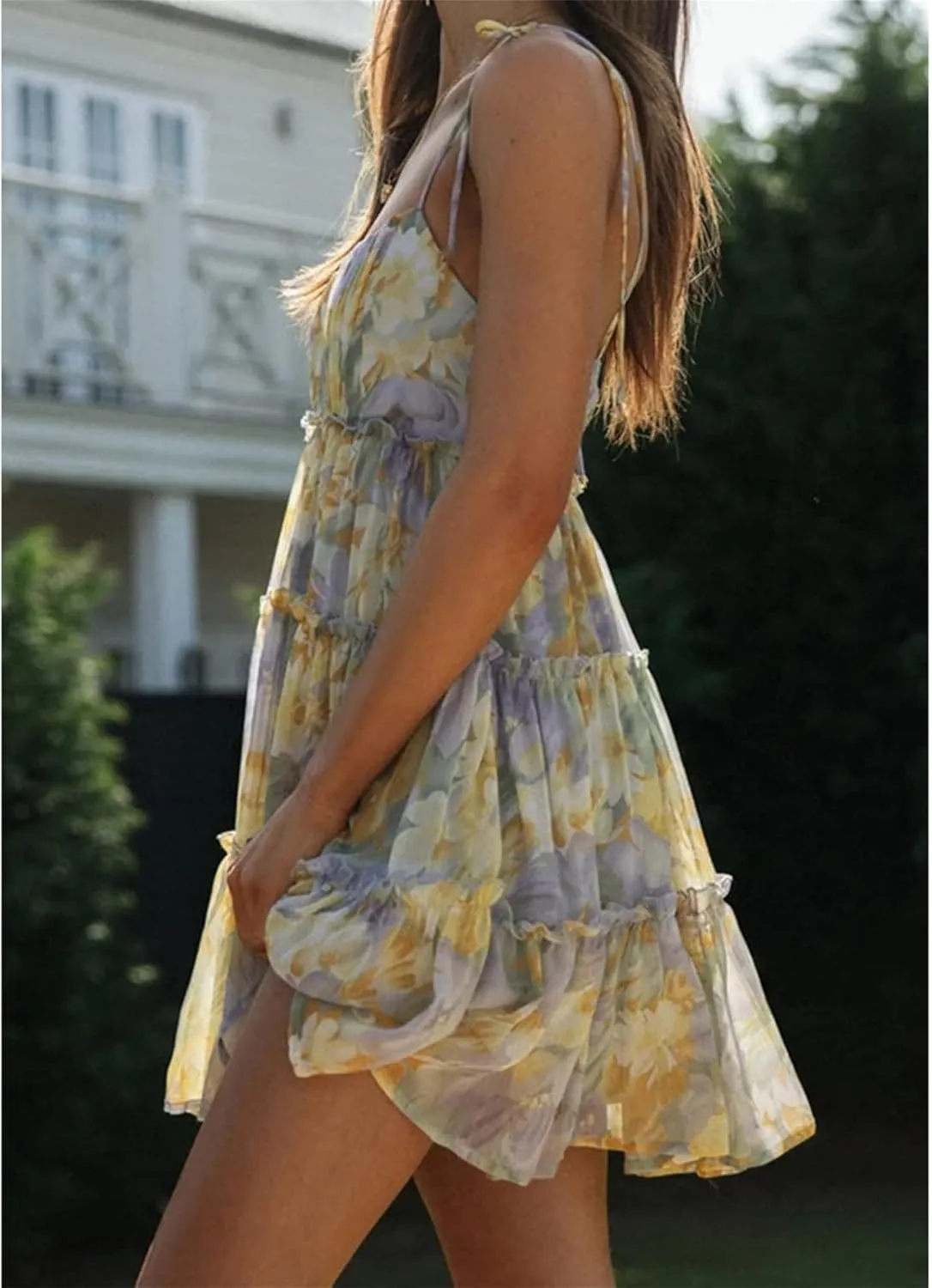 Women's Summer Floral Mini Dress Casual Boho Flowy Skater Dresses Short Sleeveless Ruffle Spaghetti Strap Dress 2024