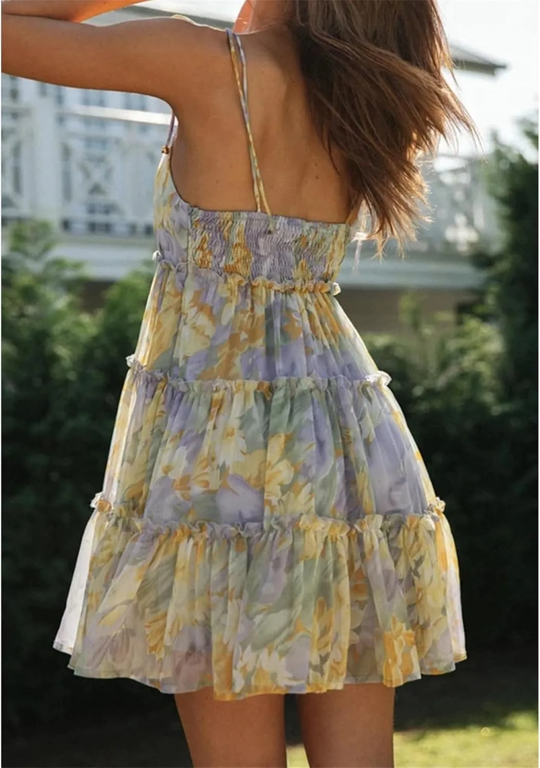 Women's Summer Floral Mini Dress Casual Boho Flowy Skater Dresses Short Sleeveless Ruffle Spaghetti Strap Dress 2024