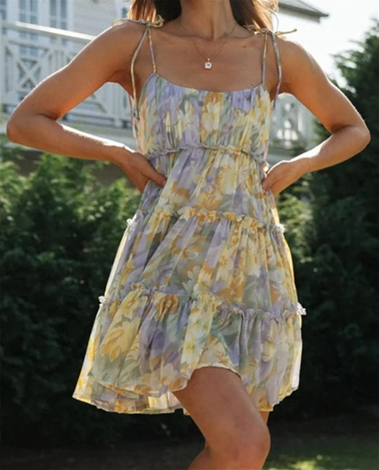Women's Summer Floral Mini Dress Casual Boho Flowy Skater Dresses Short Sleeveless Ruffle Spaghetti Strap Dress 2024