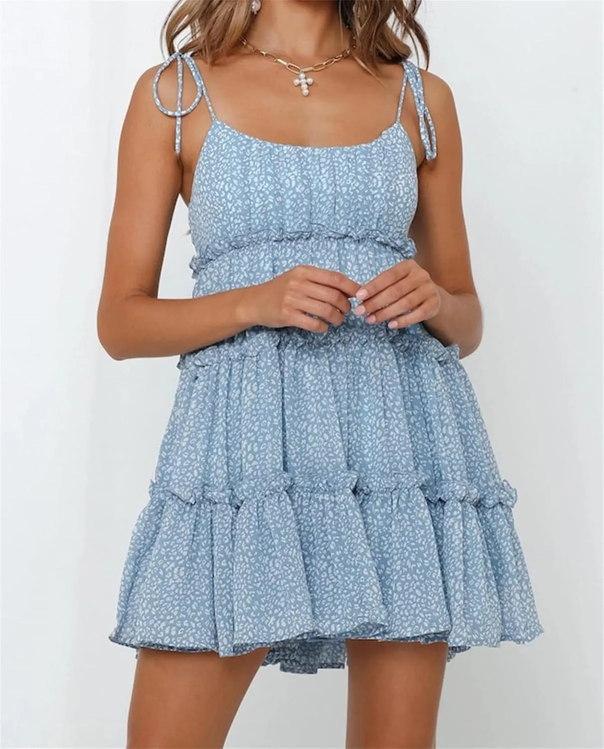 Women's Summer Floral Mini Dress Casual Boho Flowy Skater Dresses Short Sleeveless Ruffle Spaghetti Strap Dress 2024