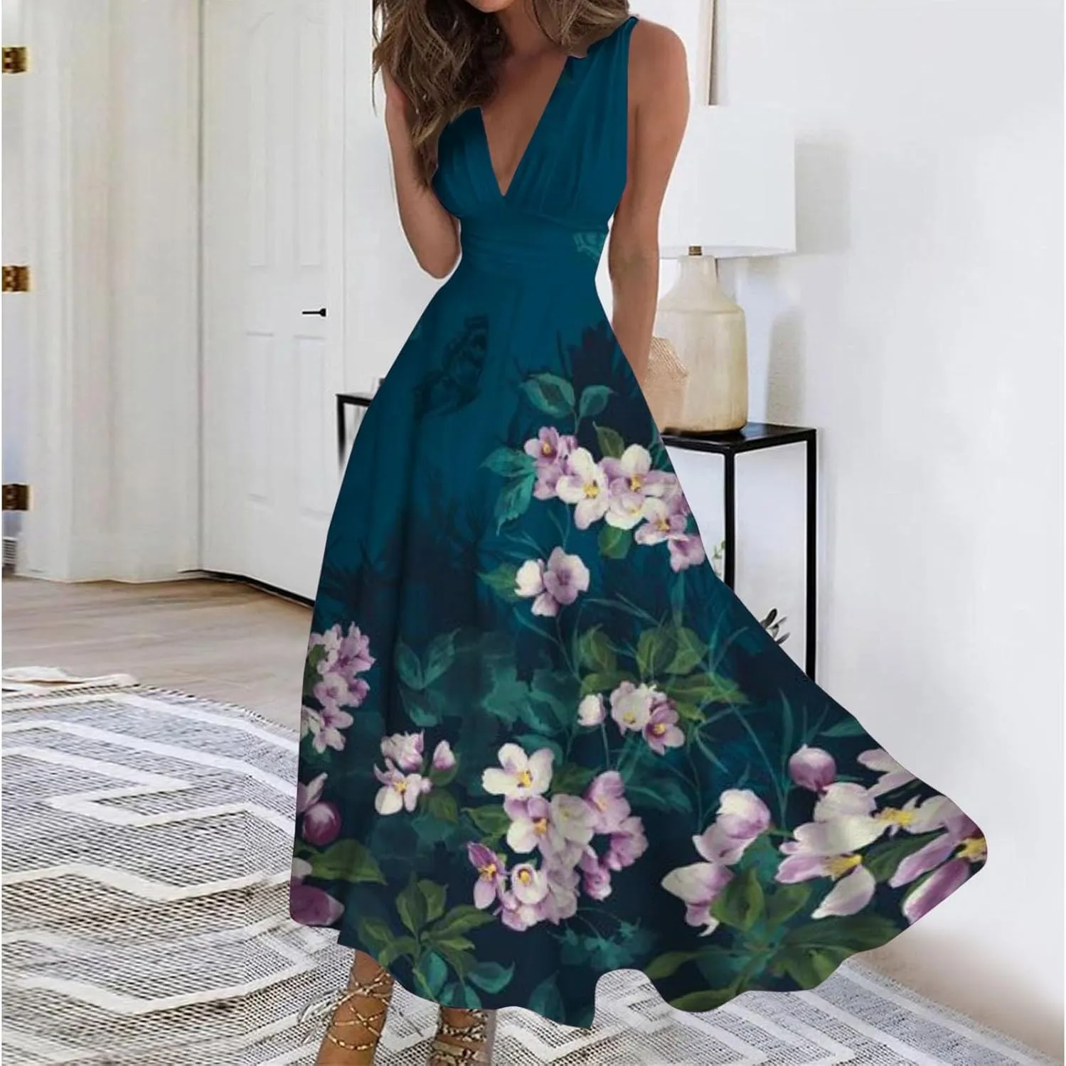 WomenS Summer Loose Boho Flowy Wrap V Neck Sleeveless Floral Print Slit Beach Wedding Guest Long Maxi Dresses