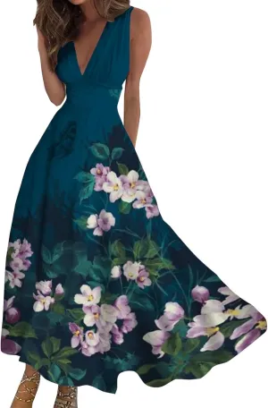 WomenS Summer Loose Boho Flowy Wrap V Neck Sleeveless Floral Print Slit Beach Wedding Guest Long Maxi Dresses