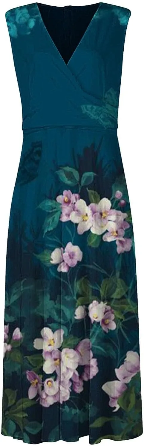 WomenS Summer Loose Boho Flowy Wrap V Neck Sleeveless Floral Print Slit Beach Wedding Guest Long Maxi Dresses