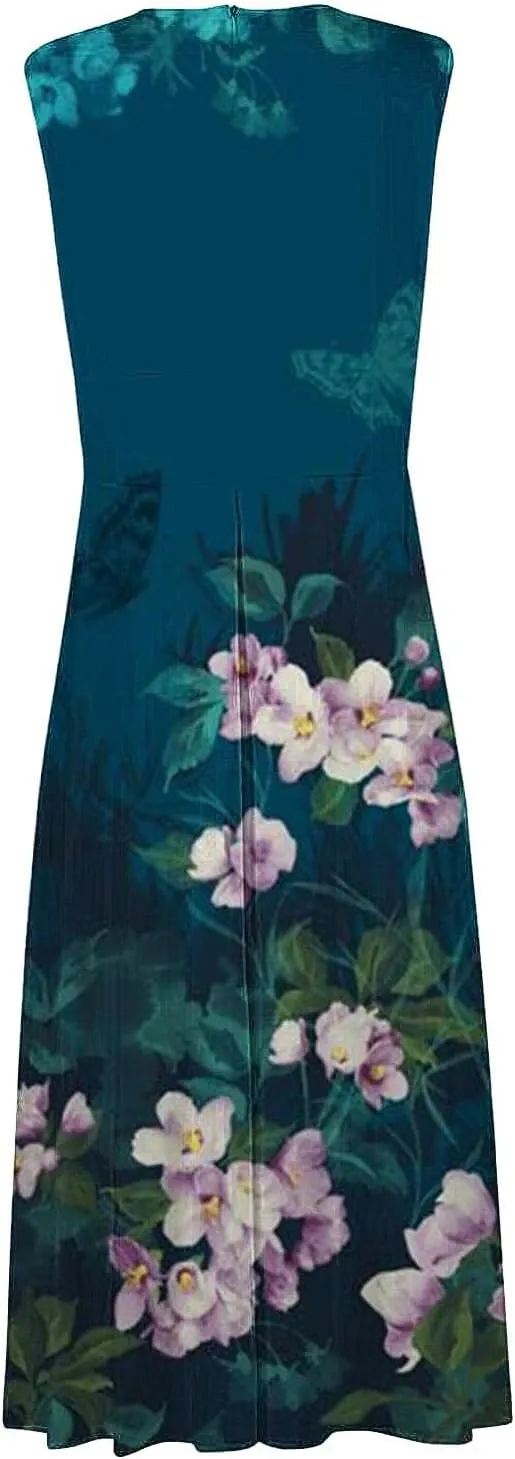 WomenS Summer Loose Boho Flowy Wrap V Neck Sleeveless Floral Print Slit Beach Wedding Guest Long Maxi Dresses